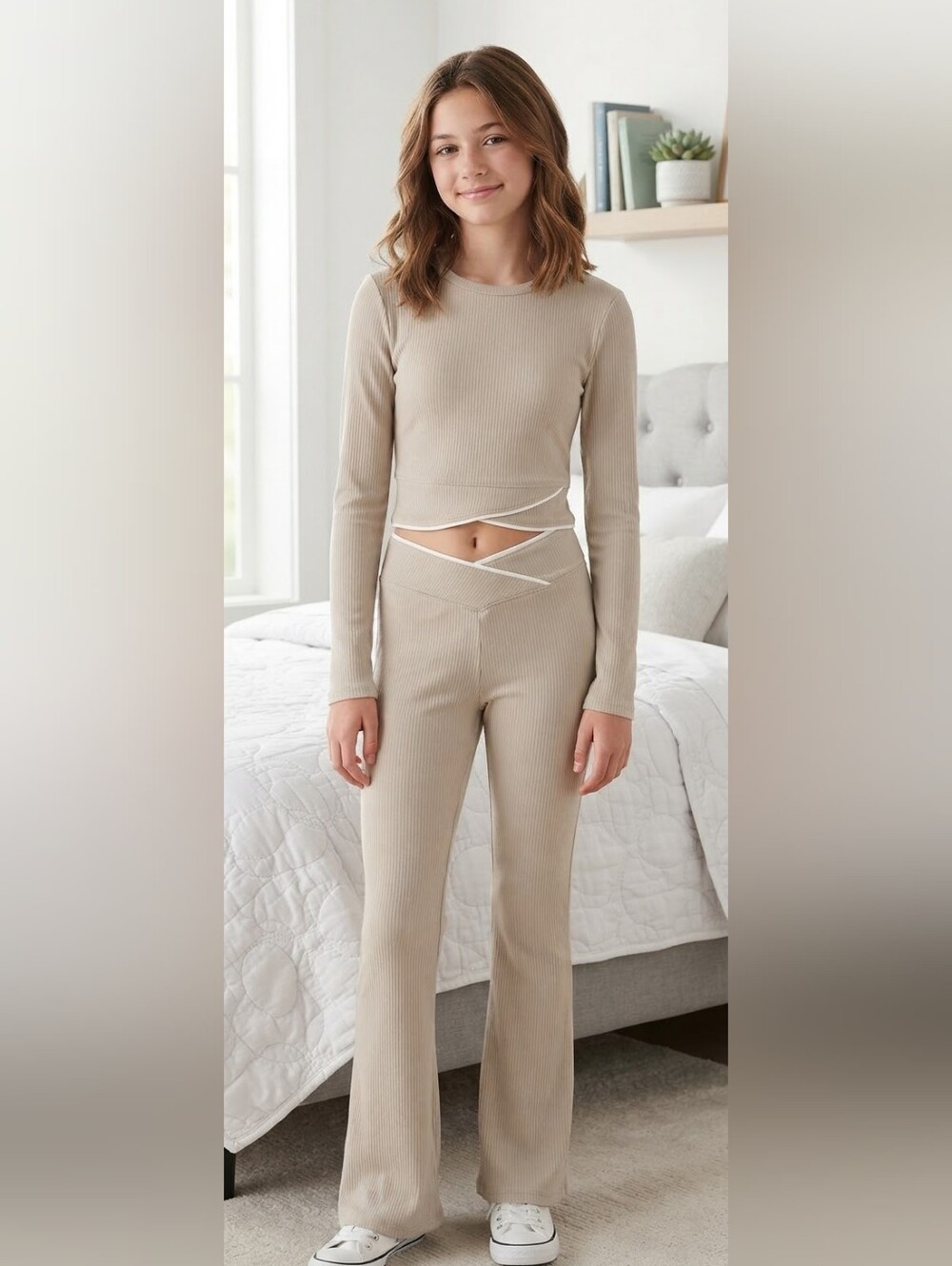 Yogalicious Beige Ribbed Wrap-Detail Lounge Set